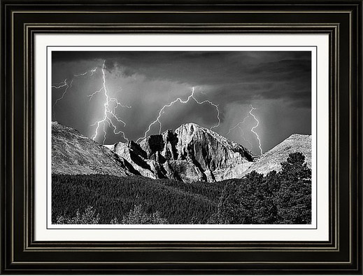 Longs Peak And Lightning In Black And White Framed Print