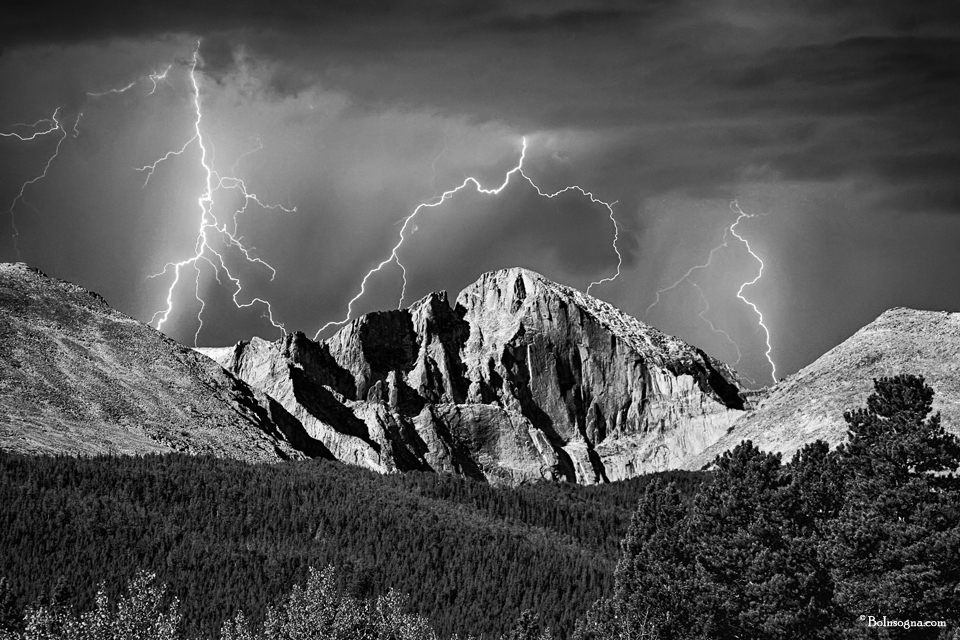 Longs Peak and Lightning Striking In Black and White