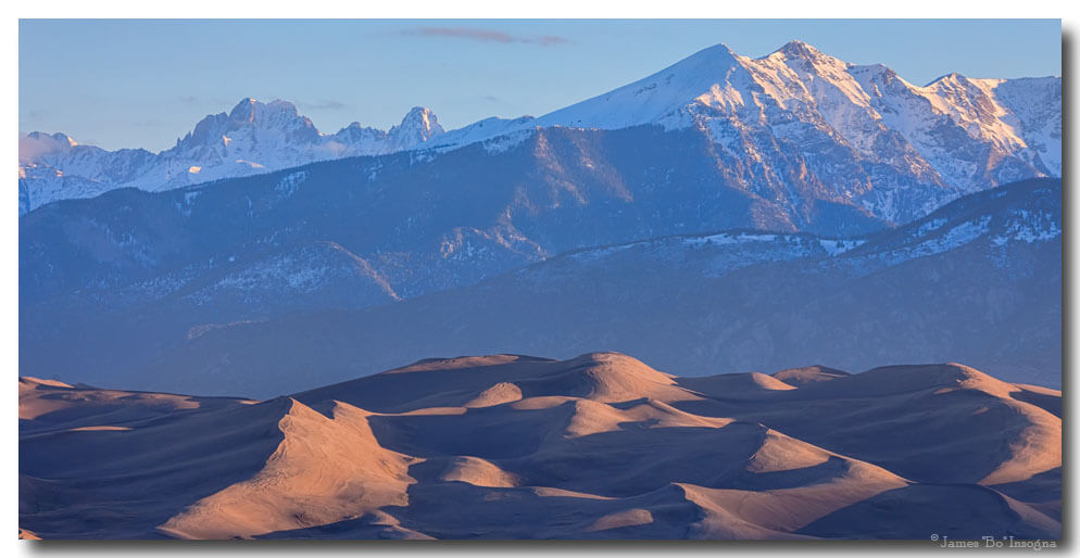 Early Morning Sand Dunes and Snow Covered Peaks Art Prints