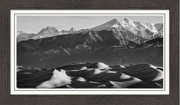 Monochrome Sand Dunes And Snow Covered Peaks Framed Print