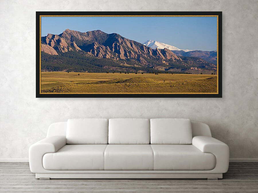 Flatirons And Snow Covered Longs Peak Panorama Framed Print