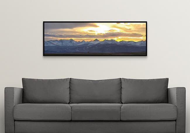 Colorado Front Range Panoramic Golden Sunset Canvas Print with black floater frame size 20"×60"