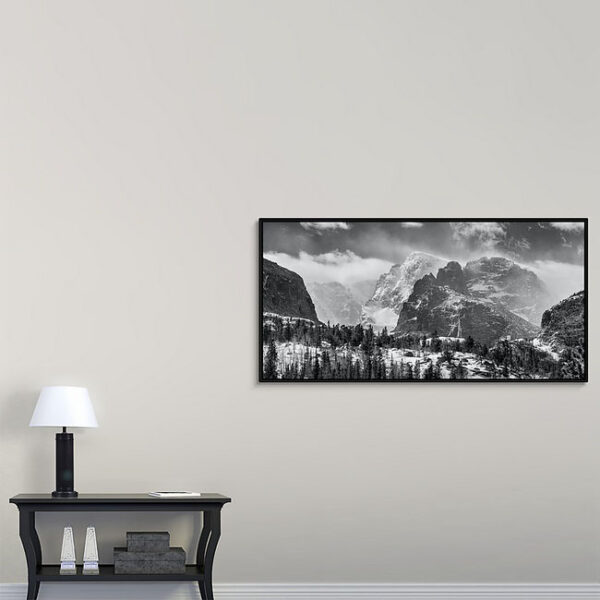 RMNP Gateway To The Rockies BW Canvas Black Frame Print 30x60