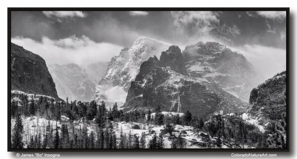 RMNP Gateway To The Rockies BW Canvas Black Frame Print 30x60