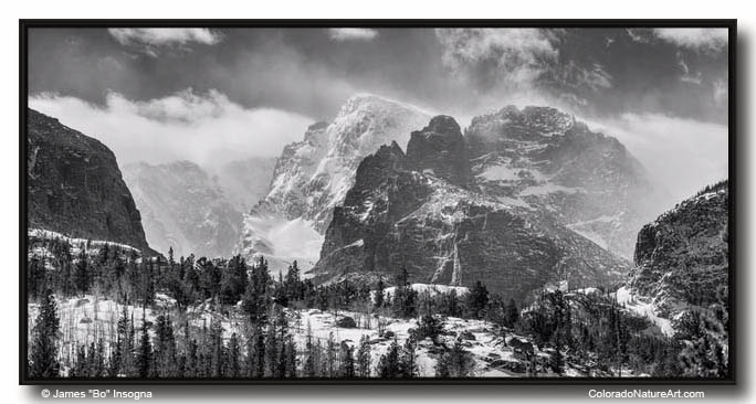 RMNP Gateway To The Rockies BW Large Canvas Black Frame Print 30x60