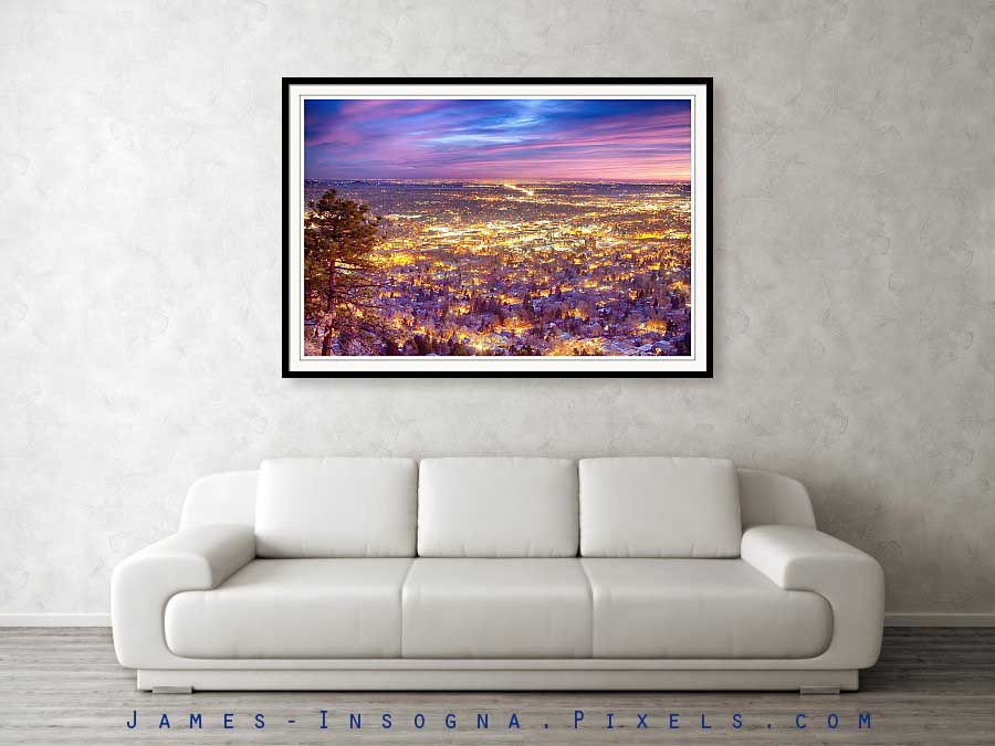 Downtown Boulder Colorado City Lights Sunrise Framed Print 32x48