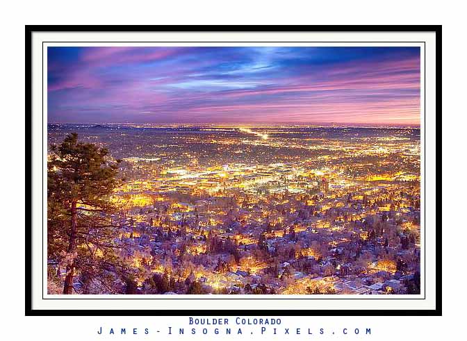 Downtown Boulder Colorado City Lights Sunrise Framed Print