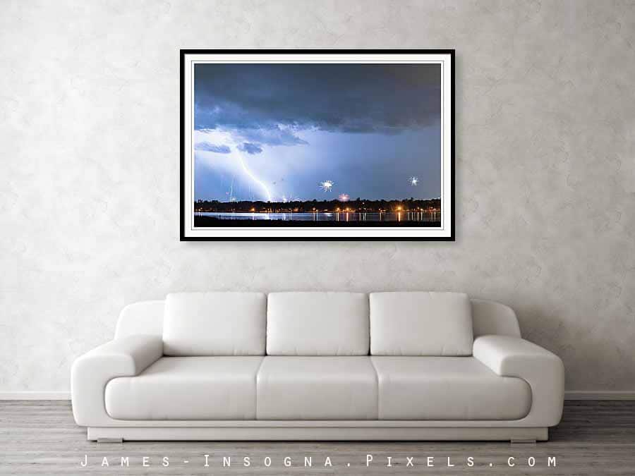 Lightning Strike and Fireworks 32x48 Framed Print