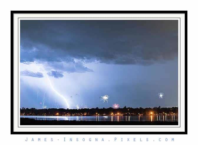 Lightning Strike and Fireworks Framed Print